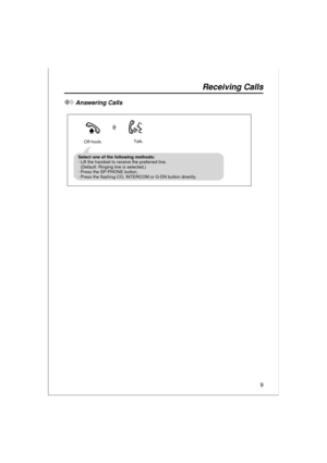 Page 99
Answering Calls
Talk.Off-hook.
Select one of the following methods:
· Lift the handset to receive the preferred line.
  (Default: Ringing line is selected.)
· Press the SP-PHONE button.
· Press the flashing CO, INTERCOM or G-DN button directly.
Receiving Calls 