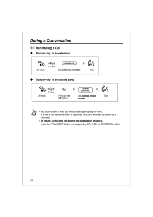 Page 1010
Transferring a Call
  Transferring to an extension
  Transferring to an outside party
You can transfer a held call without talking by going on-hook. 
If a call is not retrieved within a specified time, you will hear an alarm as a 
reminder. 
To return to the held call before the destination answers, 
press the TRANSFER button, corresponding CO, G-DN or INTERCOM button.
Off-hook.Talk.Dial extension number.
extension no.
C.Tone   
Off-hook.Talk.Press an idle 
CO button.Dial outside phone 
number....