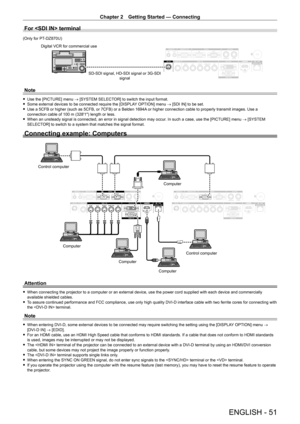 Page 51Chapter 2 Getting Started — Connecting
ENGLISH - 51
For  terminal
(Only for PT-DZ870U)
SD-SDI signal, HD-SDI signal or 3G-SDI 
signal
Digital VCR for commercial use
Note
 f
Use the [PICTURE] menu  → [SYSTEM SELECTOR] to switch the input format. fSome external devices to be connected require the [DISPLA
Y OPTION] menu → [SDI IN] to be set.
 fUse a 5CFB or higher (such as 5CFB, or 7CFB) or a Belden 1694A

 or higher connection cable to properly transmit images. Use a 
connection cable of 100
  m...