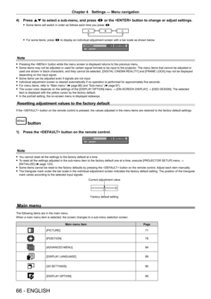 Page 66Chapter 4 Settings — Menu navigation
66 - ENGLISH
4) Press as to select a sub-menu, and press qw or the  button to change or adjust settings.
 fSome items will switch in order as follows each time you press  qw .
ABC
 fFor some items, press  qw to display an individual adjustment screen with a bar scale as shown below .
0CONTRAST
ADJUST
Note
 fPressing the  button while the menu screen is displayed returns to the previous menu. fSome items may not be adjusted or used for certain signal formats to be...