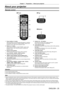 Page 25Chapter 1 Preparation — About your projector
ENGLISH - 25
About your projector
Remote control
1
3 2
4
5
7 6
8
9
10 15 12 11
13
14 16
17
Front To p
Bottom
1 Power standby  button
Sets the projector to the state where the projector is switched 
off (standby mode) when the  switch on the 
projector is set to  and in projection mode.
2
 
Power on < b

> button
Starts projection when the  switch on the 
projector is set to  when the power is switched off 
(standby mode).
3
 
Remote control indicator
Flashes...