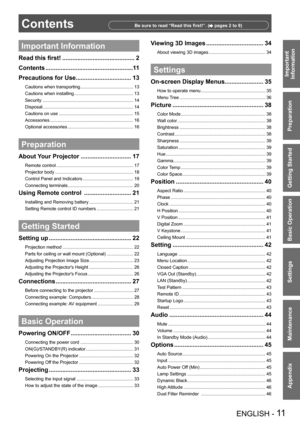 Page 11ENGLISH - 11
Important 
 
Information
Preparation
Getting Started
Basic Operation
Settings
Maintenance
Appendix
ContentsBe sure to read “Read this first!”. ( pages 2 to 9)
Important Informatio n
Read this first! ...........................................2
Contents
  ....................................................1 1
Precautions for Use .................................13
Cautions when transporting ..........................................13
Cautions when installing...