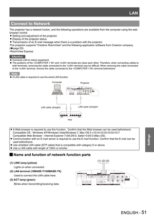 Page 51LAN
ENGLISH - 51
Settings
The projector has a network fuction, and the following operations are av\
ailable from the computer using the web 
browser control.Setting and adjustment of the projector.
 z
Display of the projector status. z
Transmission of an E-mail message when there is a problem with the projec\
tor. z
This projector supports "Crestron RoomView" and the following application software from Crestron company. 
(
Æpage  55)
RoomView Express
Attention
Connects LAN to indoor equipment. z...