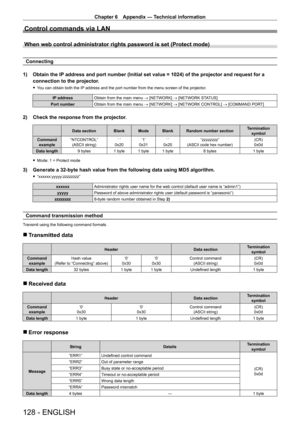 Page 128Chapter 6 Appendix — Technical information
128 - ENGLISH
Control commands via LAN
When web control administrator rights password is set (Protect mode)
Connecting
1)  
Obtain the IP
  address and port number (Initial set value = 1024) of the projector a\
nd request for a 
connection to the projector.
 f You can obtain both the IP address and the port number from the menu screen of the projector.
IP address
Obtain from the main menu → [NETWORK] → [NETWORK STATUS]
Port number Obtain from the main menu →...