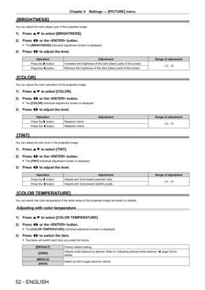 Page 52Chapter 4 Settings — [PICTURE] menu
52 - ENGLISH
[BRIGHTNESS]
You can adjust the dark (black) part of the projected image.
1) Press as to select [BRIGHTNESS].
2)  
Press 
 qw or the  button.
 fThe  [BRIGHTNESS] individual adjustment screen is displayed.
3) Press  qw to adjust the level.
Operation AdjustmentRange of adjustment
Press the w button. Increases the brightness of the dark (black) parts of the screen.
-31 - 31
Press the q button. Reduces the brightness of the dark (black) parts of the screen....