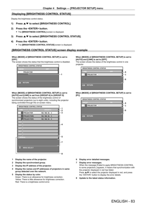 Page 83Chapter 4 Settings — [PROJECTOR SETUP] menu
ENGLISH - 83
Displaying [BRIGHTNESS CONTROL STATUS]
Display the brightness control status.
1) Press as to select [BRIGHTNESS CONTROL].
2)  
Press the  button.
 f The  [BRIGHTNESS CONTROL] screen is displayed.
3) Press  as to select [BRIGHTNESS CONTROL STATUS].
4)  
Press the  button.
 f The  [BRIGHTNESS CONTROL STATUS] screen is displayed.
[BRIGHTNESS CONTROL STATUS] screen display example
When [MODE] of [BRIGHTNESS CONTROL SETUP] is set to 
[OFF]
The screen...