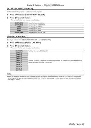 Page 87Chapter 4 Settings — [PROJECTOR SETUP] menu
ENGLISH - 87
[STARTUP INPUT SELECT]
Set the input when the projector is switched on to start projection.
1) Press as to select [STARTUP INPUT SELECT].
2)  
Press 
 qw to switch the item.
 fThe items will switch each time you press the button.
[LAST USED] Keeps the input selected last.
[COMPUTER] Sets the input to COMPUTER.
[VIDEO] Sets the input to VIDEO.
[DVI-I] Sets the input to DVI
- I.
[HDMI] Sets the input to HDMI.
[DIGITAL LINK] Sets the input to DIGITAL...