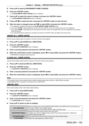 Page 125Chapter 4 Settings — [PROJECTOR SETUP] menu
ENGLISH - 125
5) Press as to select [LENS MEMORY NAME CHANGE].
6)  
Press the  button.
 f The  [LENS MEMORY NAME CHANGE] screen is displayed.
7) Press  as to select the name to change, and press the  button.
 fThe  [LENS MEMORY NAME INPUT] screen is displayed.
8) Press  asqw to select the text, and press the  button to enter the text.
9)  
After the name is changed, press 
 asqw to select [OK], and press the  button.
 fThe registration completes and returns to...