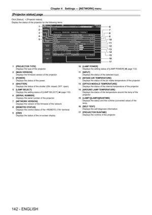 Page 142Chapter 4 Settings — [NETWORK] menu
142 - ENGLISH
[Projector status] page
Click [Status] → [Projector status].
Display the status of the projector for the following items.
14
15
166
7
8
9
1
2
3
4
17 10
5
11
12
13
1 [PROJECTOR TYPE]
Displays the type of the projector.
2
 
[MAIN VERSION]
Displays the firmware version of the projector

.
3
 
[POWER]
Displays the status of the power

.
4
 
[SHUTTER]
Displays the status of the shutter (ON: closed, OFF: open).
5

 
[LAMP
  SELECT]
Displays the setting status...