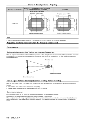 Page 58Chapter 3 Basic Operations — Projecting
58 - ENGLISH
Projection lens Model No.ET- D75LE1, ET- D75LE2, ET- D75LE3, ET- D75LE4, 
ET- D75LE8, ET- D75LE10, ET- D75LE20, 
ET- D75LE30, ET- D75LE40ET-
D75LE6
PT
-
 DW11KU
Projection screen width H
Standard projection position 0.3 H
0.3 H
0.7 V
Projection screen height V 0.7 V 0.2 V
0.2 V
Projection screen width H
Standard projection position 0.2 H
0.2 H
0.6 V
Projection screen height V 0.6 V 0.2 V
0.2 V
Note
 f
When the optional fixed-focus lens (Model No.: ET-...