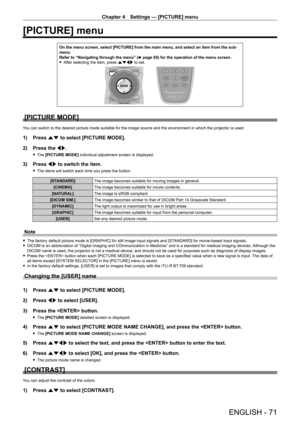 Page 71Chapter 4 Settings — [PICTURE] menu
ENGLISH - 71
[PICTURE] menu
On the menu screen, select [PICTURE] from the main menu, and select an i\
tem from the sub-
menu.
Refer to “Navigating through the menu” (x
  page   65) for the operation of the menu screen.
 fAfter selecting the item, press 

asqw to set.
[PICTURE MODE]
You can switch to the desired picture mode suitable for the image source and the environment in which the projector is used.
1) Press  as to select [PICTURE MODE].
2)  
Press the 
 qw.
 fThe...