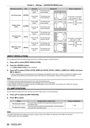 Page 86Chapter 4 Settings — [ADVANCED MENU] menu
86 - ENGLISH
Blanking correction Item OperationAdjustmentRange of adjustment
Top of the screen [UPPER] Press the q 
button. The blanking zone 
moves upward.
PT-
DZ13KU, PT- DZ10KU: 
Top to bottom 0 - 599
PT
-

DS12KU: Top to bottom  0 - 524
PT
-

DW11KU: Top to bottom  0 - 383
Press the w 
button. The blanking zone 
moves downward.
Bottom of the  screen [LOWER]Press the w 
button. The blanking zone 
moves upward.
Press the q 
button. The blanking zone 
moves...