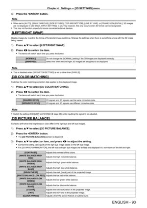Page 93Chapter 4 Settings — [3D SETTINGS] menu
ENGLISH - 93
4) Press the  button.
Note
 f When set to [AUT O], [SIMULTANEOUS], [SIDE BY SIDE], [TOP AND BOTTOM], [LINE BY LINE], or [FRAME SEQUENTIAL], 3D images 
are not displayed in [3D SIMUL INPUT SETTING]. In [AUTO], however, this only occurs when 3D format can be recognized.
 f This may not function properly for some connected external devices.
[LEFT/RIGHT SWAP]
Display images by inverting the timing of horizontal image switching. Change the settings when...