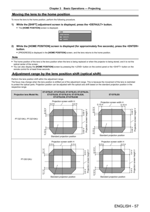 Page 57Chapter 3 Basic Operations — Projecting
ENGLISH - 57
Moving the lens to the home position
To move the lens to the home position, perform the following procedure.
1) While the [SHIFT] adjustment screen is displayed, press the  button.
 fThe  [HOME POSITION]  screen is displayed.
MENUENTER
LENS
HOME POSITION
EXECUTE
CANCEL
2) While the [HOME POSITION] screen is displayed (for approximately five s\
econds), press the  
button.
 f[PROGRESS] is displayed in the  [HOME POSITION] screen, and the lens returns to...