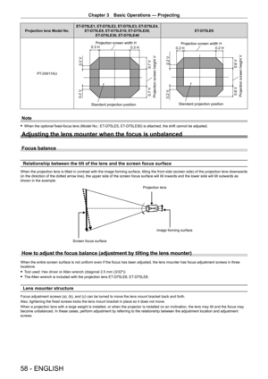 Page 58Chapter 3 Basic Operations — Projecting
58 - ENGLISH
Projection lens Model No.ET- D75LE1, ET- D75LE2, ET- D75LE3, ET- D75LE4, 
ET- D75LE8, ET- D75LE10, ET- D75LE20, 
ET- D75LE30, ET- D75LE40ET-
D75LE6
PT
-
 DW11KU
Projection screen width H
Standard projection position 0.3 H
0.3 H
0.7 V
Projection screen height V 0.7 V 0.2 V
0.2 V
Projection screen width H
Standard projection position 0.2 H
0.2 H
0.6 V
Projection screen height V 0.6 V 0.2 V
0.2 V
Note
 f
When the optional fixed-focus lens (Model No.: ET-...