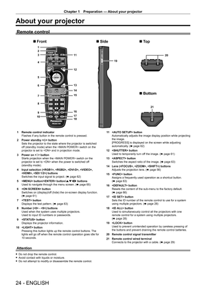 Page 24Chapter 1 Preparation — About your projector
24 - ENGLISH
About your projector
Remote control
1
3 2
4
5
7 6
8
9
10 11
12
19
13
14
15
16
17
18 20
21
Front SideTo p
Bottom
1 Remote control indicator
Flashes if any button in the remote control is pressed.
2
 
Power standby <
 v> button
Sets the projector to the state where the projector is switched 
off (standby mode) when the  switch on the 
projector is set to  and in projection mode.
3
 
Power on < b

> button
Starts projection when the  switch on the...