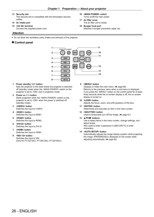 Page 26Chapter 1 Preparation — About your projector
26 - ENGLISH
13 Security slot
This security slot is compatible with the Kensington security 
cables.
14
 
Air intake port
15

 
 terminal
Connect the supplied power cord. 16

  switch
T
urns on/off the main power.
17
 
Air filter cover
The air filter unit is inside.
18

 
Burglar hook port
Attaches a burglar prevention cable, etc.
Attention
 fDo not block the ventilation ports (intake and exhaust) of the projector .
 rControl panel
VIDEOENTER
MENULENS
SHUTTER...