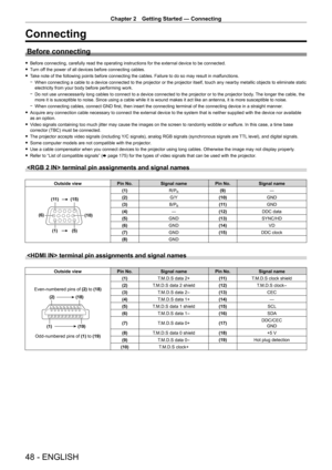 Page 48Chapter 2 Getting Started — Connecting
48 - ENGLISH
Connecting
Before connecting
 fBefore connecting, carefully read the operating instructions for the ext\
ernal device to be connected.
 fT

urn off the power of all devices before connecting cables.
 fT

ake note of the following points before connecting the cables. Failure to do so may result in malfunctions.
 g When connecting a cable to a device connected to the projector or the pr\
ojector itself, touch any nearby metallic objects to eliminate...