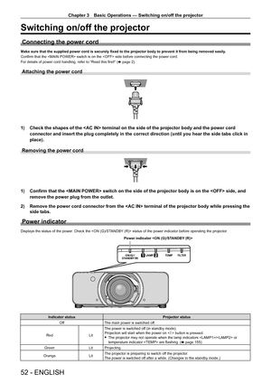 Page 52Chapter 3 Basic Operations — Switching on/off the projector
52 - ENGLISH
Switching on/off the projector
Connecting the power cord
Make sure that the supplied power cord is securely fixed to the projector body to prevent it from being removed easily.
Confirm that the  switch is on the  side before connecting the power cord.
For details of power cord handling, refer to “Read this first!” ( x page 2).
Attaching the power cord
1) Check the shapes of the  terminal on the side of the projector bo\
dy and the...