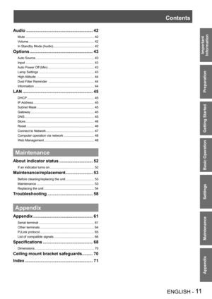Page 11ENGLISH - 11
Important 
 
Information
Preparation
Getting Started
Basic Operation
Settings
Maintenance
Appendix
Audio ........................................................42
Mute  ...........................................................................\
..42
Volume .........................................................................42
In Standby Mode (Audio) ..............................................42
Options  .....................................................43
Auto Source...