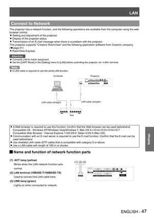 Page 47LAN
ENGLISH - 47
Settings
The projector has a network function, and the following operations are a\
vailable from the computer using the web 
browser control.
Setting and adjustment of the projector. z
Display of the projector status. z
Transmission of an E-mail message when there is a problem with the projec\
tor. z
This projector supports "Crestron RoomView" and the following application software from Crestron company. 
(Æpage 51)
RoomView Express z
Attention
Connects LAN to indoor equipment....