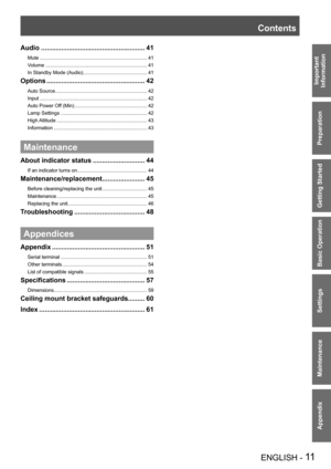 Page 11ENGLISH - 11
Important 
 
Information
Preparation
Getting Started
Basic Operation
Settings
Maintenance
Appendix
Audio ........................................................41
Mute  ...........................................................................\
..41
Volume .........................................................................41
In Standby Mode (Audio) ..............................................41
Options  .....................................................42
Auto Source...