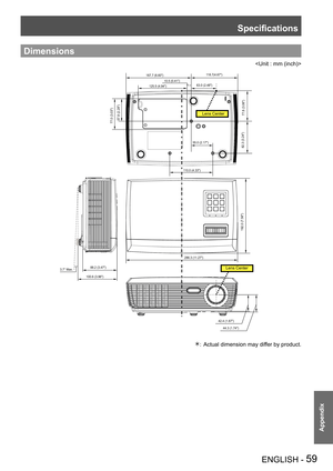 Page 59Specifications
ENGLISH - 59
Appendix
Dimensions

Lens Center
Lens Center
42.4 (1.67)44.3 (1.74)
88.2 (3.47)
100.6 (3.96)
3.7° Max. 286.3 (1
1.27)
192.0 (7.56)
110.0 (4.33) 55.0 (2.17)
82.3 (3.24)
77.8 (3.06)
57.8 (2.28)
77.0 (3.03)
167.7 (6.60)
11
8.7(4.67)
63.0 (2.48)
10.5 (0.41)
125.5 (4.94)
Actual dimension may differ by product.:  