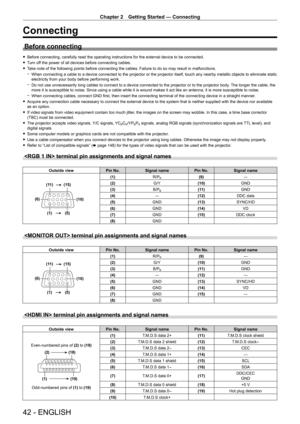 Page 42Chapter 2 Getting Started — Connecting
42 - ENGLISH
Connecting
Before connecting
 
f Before connecting, carefully read the operating instructions for the external device to be connected.
 
f Turn off the power of all devices before connecting cables.
 
f Take note of the following points before connecting the cables. Failure to do so may result in malfunctions.
 
g When connecting a cable to a device connected to the projector or the pr\
ojector itself, touch any nearby metallic objects to eliminate...