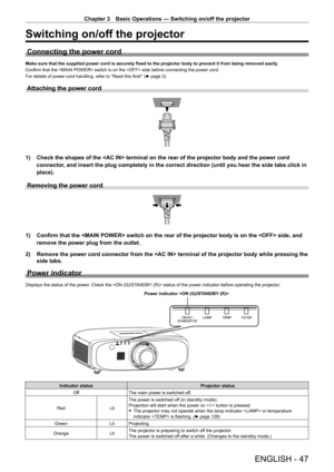 Page 47Chapter 3 Basic Operations — Switching on/off the projector
ENGLISH - 47
Switching on/off the projector
Connecting the power cord
Make sure that the supplied power cord is securely fixed to the projector body to prevent it from being removed easily.
Confirm that the  switch is on the  side before connecting the power cord.
For details of power cord handling, refer to “Read this first!” ( x page 2).
Attaching the power cord
1) Check the shapes of the  terminal on the rear of the projector body and the...