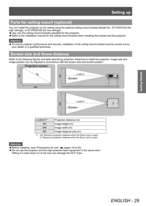 Page 29Setting up
ENGLISH - 29
Getting Started
Parts for ceiling mount (optional)
You can install the projector on the ceiling using the optional ceiling mount bracket (Model No.: ET-PKD510H (for 
high ceilings), or ET-PKD510S (for low ceilings).
 zUse only the ceiling mount brackets specified for this projector

.
 zRefer to the installation manual for the ceiling mount bracket when installing the bracket and the projector
.
Attention
 z T

o ensure projector performance and security, installation of the...