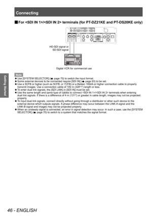 Page 46Connecting
46 - ENGLISH
Getting Started
▶■For / terminals (for PT-DZ21KE and PT-DS20KE only)
+6,VLJQDORU
66,VLJQDO
LJLWDO9&5IRUFRPPHUFLDOXVH
Note
 zUse [SYSTEM SELECT

OR] (
 page 70) to switch the input format.
 zSome external devices to be connected require [SDI IN] ( page 93) to be set.
 zUse a 5CFB or higher (such as 5CFB, or 7CFB) or a Belden 1694A

 or higher connection cable to properly 
transmit images. Use a connection cable of 100 m (328'1") length or less.
 z T

o enter...