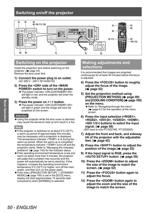 Page 50Switching on/off the projector
50 - ENGLISH
Basic Operation
Switching on the projector
Install the projection lens before switching on the 
projector. (
 page 43)
Remove the lens cover first.
1) Connect the power plug to an outlet.
(AC 200 V - 240 V 50 Hz/60 Hz)
2) Press the  side of the  switch to turn on the power .
▶zThe power indicator  
will light in red, and the projector will enter the 
standby mode.
3) Press the power on  button.
▶z The power indicator  
will light in green and the image will...