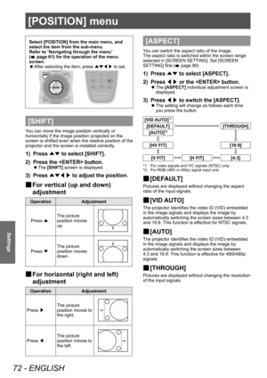 Page 72[POSITION] menu
72 - ENGLISH
Settings
Select [POSITION] from the main menu, and 
select the item from the sub-menu.
Refer to “Navigating through the menu” 
(
 page 61) for the operation of the menu 
screen.
 z After selecting the item, press 
▲▼◀▶ to set.
[SHIFT]
You can move the image position vertically or 
horizontally if the image position projected on the 
screen is shifted even when the relative position of the 
projector and the screen is installed correctly.
1) Press 
▲▼ to select [SHIFT].
2)...