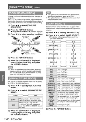 Page 100[PROJECTOR SETUP] menu
100 - ENGLISH
Settings
[COOLING CONDITION]
Change the fan control depending on the direction of 
projection.
Set [COOLING CONDITION] correctly in accordance with 
the direction of projection referencing the following figure. It 
may shorten the life of the lamp if used in incorrect setting.
1) Press ▲▼ to select [COOLING 
CONDITION].
2)
 
Press the  button.
▶zThe  [COOLING CONDITION]  screen is displayed.
3) Press ▲▼ to select a cooling condition.

[VERTICAL UP 
SETTING]
[FLOOR...