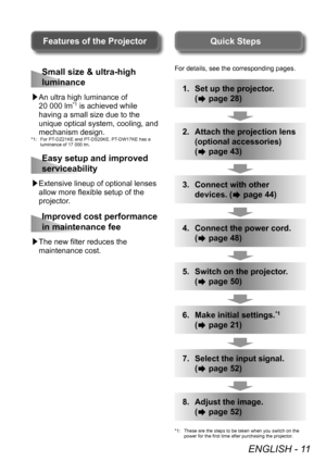 Page 11ENGLISH - 11
For details, see the corresponding pages.
1. Set up the projector.
(
 page 28)
2. Attach the projection lens 
(optional accessories)
(
 page 43)
3. Connect with other 
devices. (
 page 44)
4. Connect the power cord.
(
 page 48)
5. Switch on the projector .
(
 page 50)
6. Make initial settings.*1
( page 21)
7. Select the input signal.
(
 page 52)
8. Adjust the image.
(
 page 52)
*1: These are the steps to be taken when you switch on the 
power for the first time after purchasing the...