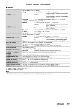 Page 151Chapter 6 Appendix — Specifications
ENGLISH - 151
 rTerminal
 terminal
1 set, high-density D-Sub 15 p (female)
RGB signal0.7 V [p-p] 75 Ω (SYNC ON GREEN: 1.0 V [p-p] 75 Ω)
SYNC/HDTTL high impedance, automatic positive/negative polarity compatible
VDTTL high impedance, automatic positive/negative polarity compatible
YPBPR signalY: 1.0 V [p-p] including synchronization signal, PBPR: 0.7 V [p-p] 75 Ω
 terminal
1 set (BNC x 5 (RGB/YPBPR/YCBCR/YC/VIDEO x 1))
RGB signal0.7 V [p-p] 75 Ω (SYNC ON GREEN: 1.0 V...