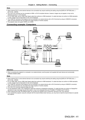 Page 41Chapter 2 Getting Started — Connecting
ENGLISH - 41
Note
 fWhen entering DVI-D, some external devices to be connected may require switching the setting using the [DISPLAY OPTION] menu → [DVI-D IN] → [EDID]. fThe  terminal can be connected to HDMI- or DVI-D-compliant devices. However, images may not appear or may not be displayed properly on some devices. fFor an HDMI cable, use an HDMI High Speed cable that conforms to HDMI standards. If a cable that does not conform to HDMI standards is used, images may...