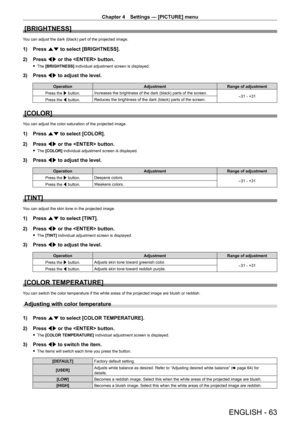 Page 63Chapter 4 Settings — [PICTURE] menu
ENGLISH - 63
[BRIGHTNESS]
You can adjust the dark (black) part of the projected image.
1) Press as to select [BRIGHTNESS].
2) Press qw or the  button.
 fThe [BRIGHTNESS] individual adjustment screen is displayed.
3) Press qw to adjust the level.
OperationAdjustmentRange of adjustment
Press the w button.Increases the brightness of the dark (black) parts of the screen.-31 - +31Press the q button.Reduces the brightness of the dark (black) parts of the screen.
[COLOR]
You...