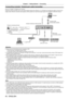 Page 42Chapter 2 Getting Started — Connecting
42 - ENGLISH
Connecting example: Twisted-pair-cable transmitter
(Only for PT-EZ580, PT-EW640 and PT -EX610)
Twisted-pair-cable transmitters such as the optional Digital Interface Box (Model No.: ET -YFB100G) use twisted-pair-cables to transmit input images, audio, Ethernet, and serial control signals, and the projector can input those digital signals to the  terminal.
Blu-ray disc playerHDMI cable
(commercially available)
Control computer
Projector connecting...