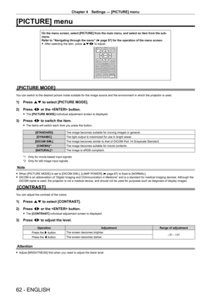 Page 62Chapter 4 Settings — [PICTURE] menu
62 - ENGLISH
[PICTURE] menu
On the menu screen, select [PICTURE] from the main menu, and select an item from the sub-menu.Refer to “Navigating through the menu” (x page 57) for the operation of the menu screen. fAfter selecting the item, press asqw to adjust.
[PICTURE MODE]
You can switch to the desired picture mode suitable for the image source \
and the environment in which the projector is used.
1) Press as to select [PICTURE MODE].
2) Press qw or the  button.
 fThe...