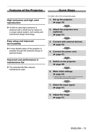 Page 13 
ENGLISH - 13
Features of the Projector
High luminance and high color 
reproduction
 /£16   000   lm ultra-high luminance is 
achieved with a small size by means of 
a unique optical system, and cooling and 
mechanical design technology.
Easy setup and improved 
serviceability
 /£ A more flexible setup of the projector is 
possible through the extensive lineup of 
optional lenses.
Improved cost performance in 
maintenance fee
 /£ The extended-life filter reduces 
maintenance costs.
Quick Steps
For...