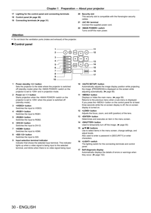 Page 30Chapter 1 Preparation — About your projector
30 - ENGLISH
17 Lighting for the control panel and connecting terminals
18  
Control panel ( x

  page   30)
19
 
Connecting terminals ( x

  page   31)20
 Security slot
This security slot is compatible with the Kensington security 
cables.
21
 
 terminal
Connect the supplied power cord.
22

 
 switch
T

urns on/off the main power.
Attention
 fDo not block the ventilation ports (intake and exhaust) of the projector .
 rControl panel
11
12
13
14
15
17 16
1
2
3...