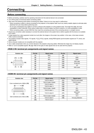 Page 43Chapter 2 Getting Started — Connecting
ENGLISH - 43
Connecting
Before connecting
 fBefore connecting, carefully read the operating instructions for the external device to be connected.
 fT

urn off the power of all devices before connecting cables.
 fT

ake note of the following points before connecting the cables. Failure to do so may result in malfunctions.
 g When connecting a cable to a device connected to the projector or the projector itself, touch any nearby metallic objects to eliminate static...