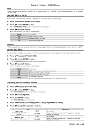 Page 69Chapter 4 Settings — [PICTURE] menu
ENGLISH - 69
Note
 fIf you press  w while the adjustment value is [+15], the value will become [0]. If you press  q while the adjustment value is [0], the value will 
become [+15].
[NOISE REDUCTION]
You can reduce noises when the input image is degraded and noise is occurring in the image signal.
1) Press  as to select [NOISE REDUCTION].
2)  
Press 
 qw or the  button.
 fThe  [NOISE REDUCTION] individual adjustment screen is displayed.
3) Press  qw to switch the item....