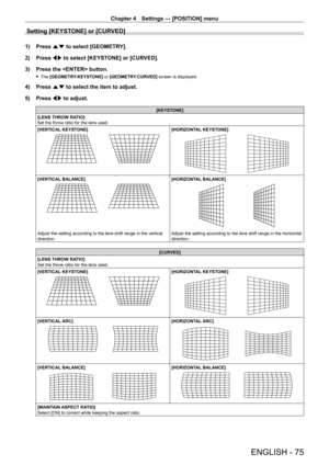 Page 75Chapter 4 Settings — [POSITION] menu
ENGLISH - 75
Setting [KEYSTONE] or [CURVED]
1) Press as to select [GEOMETRY].
2)  
Press 
 qw to select [KEYSTONE] or [CURVED].
3)
 
Press the  button.
 f The  [GEOMETRY:KEYSTONE] or [GEOMETRY:CURVED] screen is displayed.
4) Press  as to select the item to adjust.
5)  
Press 
 qw to adjust.
[KEYSTONE]
[LENS THROW RATIO]
Set the throw ratio for the lens used.
[VERTICAL KEYSTONE]
[HORIZONTAL KEYSTONE]
[VERTICAL BALANCE][HORIZONTAL BALANCE]
Adjust the setting according...