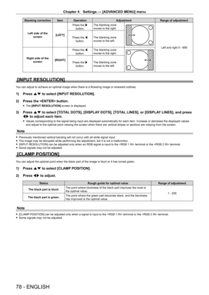 Page 78Chapter 4 Settings — [ADVANCED MENU] menu
78 - ENGLISH
Blanking correction Item OperationAdjustmentRange of adjustment
Left side of the  screen [LEFT]Press the w 
button. The blanking zone 
moves to the right.
Left and right 0 - 959
Press the q 
button. The blanking zone 
moves to the left.
Right side of the  screen [RIGHT]Press the q 
button. The blanking zone 
moves to the right.
Press the w 
button. The blanking zone 
moves to the left.
[INPUT RESOLUTION]
You can adjust to achieve an optimal image...