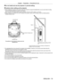 Page 19Chapter 1 Preparation — Precautions for use
ENGLISH - 19
 rDo not install and use the projector in portrait setting.
 rCautions when setting up the projector
 fWhen installing the projector at the section other than the floor by using the adjustable feet, use six screw holes for ceiling 
mount for fixing the projector (as shown in the figure).
(Screw diameter: M6, tapping depth inside the projector: 30
  mm (1-3/16"), torque: 4 ± 0.5   N·m)
 fMake a clearance of at least 5

  mm (3/16") between...