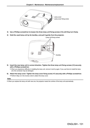 Page 131Lamp cover
Lamp cover fixing screw
3) Use a Phillips screwdriver to loosen the three lamp unit fixing screws (\
×3) until they turn freely.
4)  Hold the used lamp unit by its handles, and pull it gently from the proj\
ector.
Lamp unit fixing screws
Handles
5) Insert the new lamp unit in correct direction. Tighten the three lamp unit fixing screws (×3) securely 
with a Phillips screwdriver.
 
f When you experience difficulty in installing the lamp unit, remove it and try again. If you use force to install...