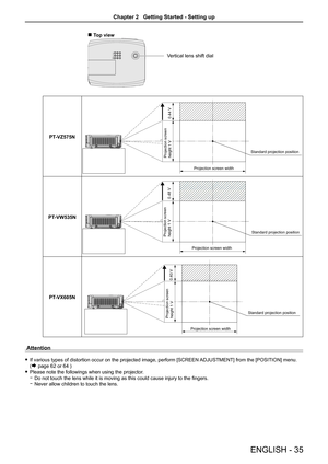 Page 35Vertical lens shift dial
r Top view
PT-VZ575N
Standard projection position
Projection screen widthProjection screen 
height 1 V 0.44 V
PT-VW535N
Standard projection position
Projection screen widthProjection screen 
height 1 V 0.48 V
PT-VX605N
Standard projection position
Projection screen widthProjection screen 
height 1 V 0.40 V
Attention
 
f If various types of distortion occur on the projected image, perform [SCREEN  ADJUSTMENT] from the [POSITION] menu.  
(
Æ page 62 or 64 )
 
f Please note the...