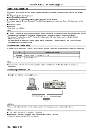 Page 98Network connections
The projector has a network function, and the following operations are a\
vailable from the computer using the web browser 
control. 
f Setting and adjustment of the projector.
 
f Display of the projector status.
 
f Transmission of an E-mail message when there is a problem with the projector.
The projector supports "Crestron Connected™", and the following application software of Crestron Electronics, Inc. can be 
used.
 
f RoomView Express
 
f Fusion RV
 
f RoomView Server...